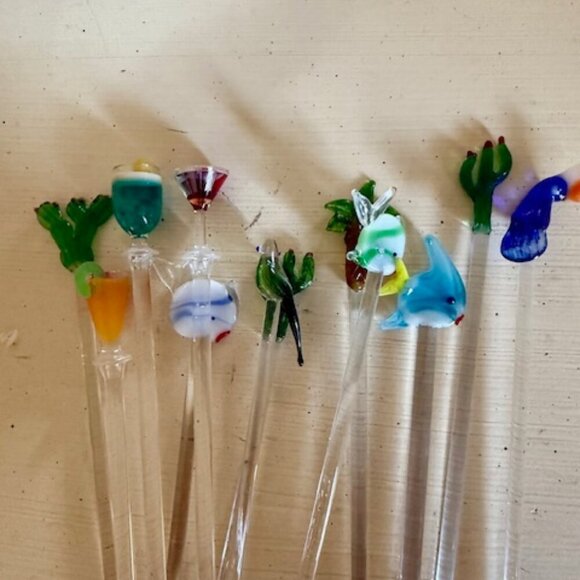 ANTIQUE VINTAGE BLOWN GLASS COCKTAIL SWIZZLE STIR STICKS - Picture 2 of 4